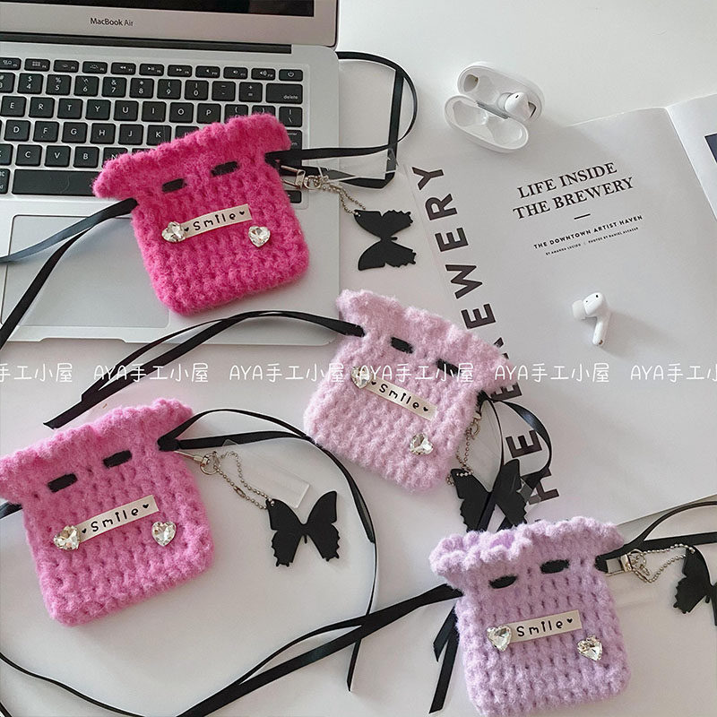 软糯黑粉pink蝴蝶小耳机零钱包束品包手工diy毛线编织材料包礼物