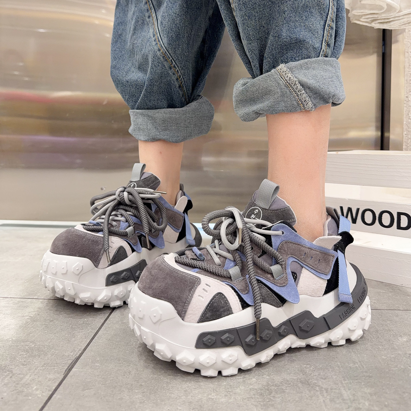 真皮系带拼色增高厚底老爹鞋子