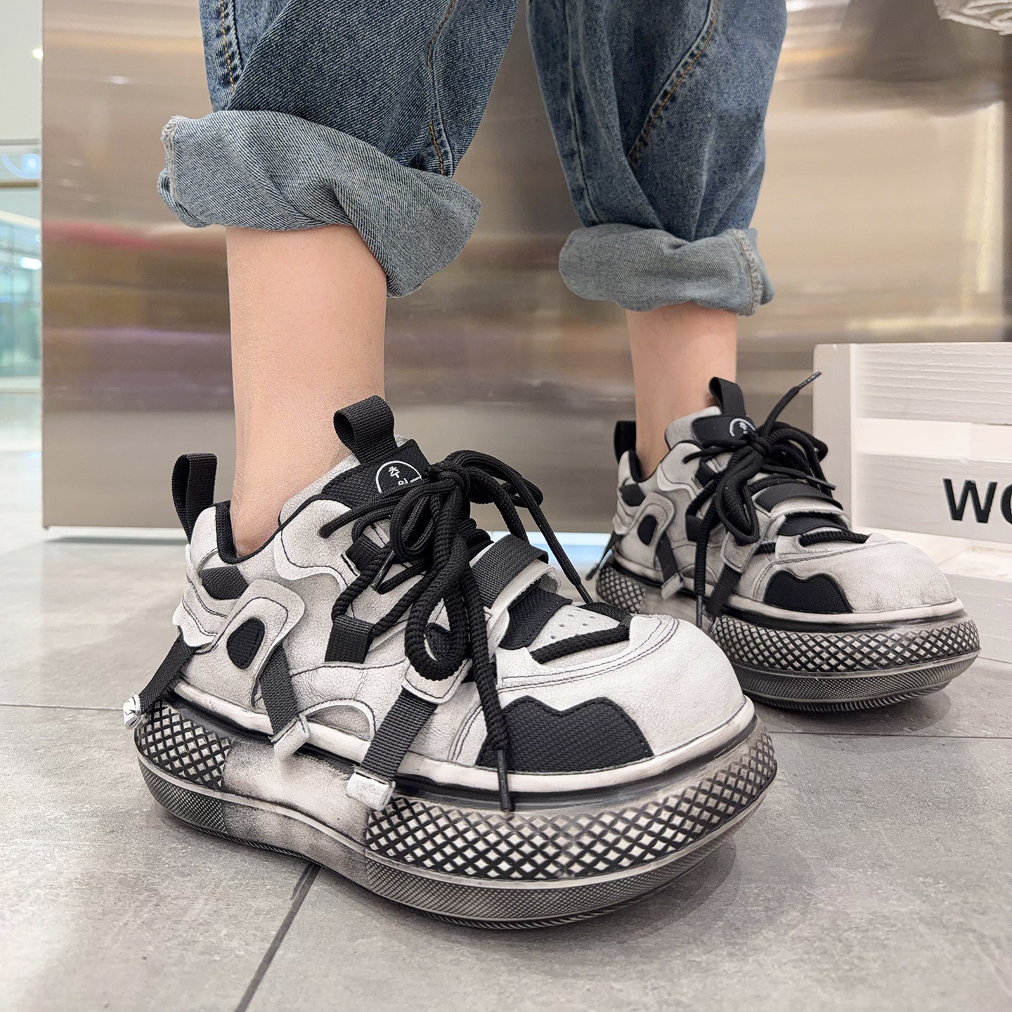 熊猫色老爹鞋女系带真皮做旧单鞋女2025年冬季新款厚底增高运动鞋,女鞋,时尚休闲鞋,淘宝优惠券,粉丝福利购,淘宝优惠卷