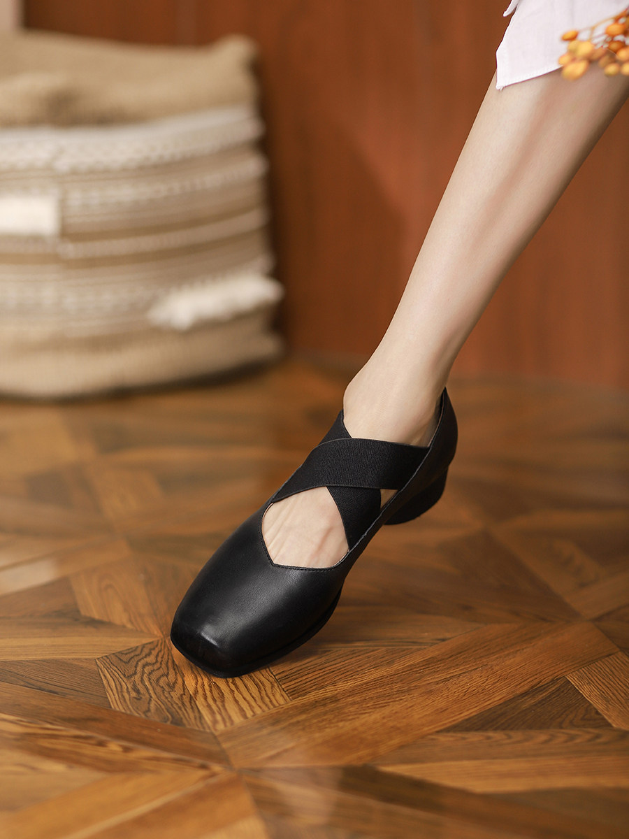 XU XIANSEN HANDMADE PIG NOSE BALLET SHOES WOMENS 2024 VINTAGE STRAPPY SQUARE TOE LEATHER BLOCK HEEL FLAT HEEL SHOES