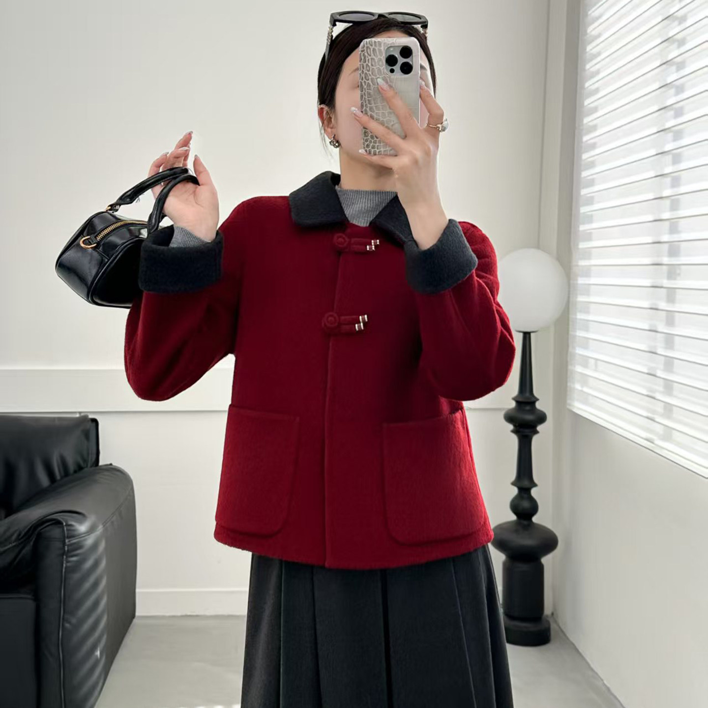 双面羊毛大衣女短款2026秋季新款撞色翻领中老年女装毛呢外套