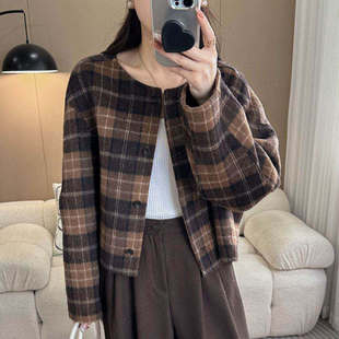 高级感格子双面羊绒大衣女短款2025秋冬新款韩版圆领宽松毛呢外套
