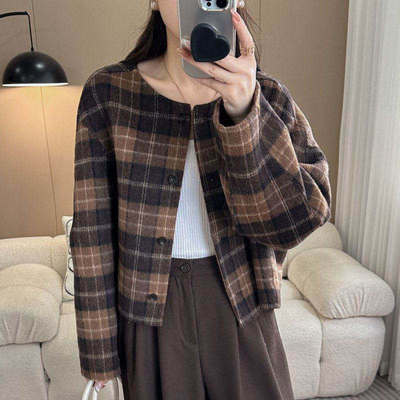 格子短款双面羊绒大衣韩版