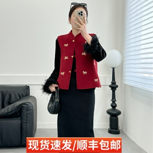新中式红色小马刺绣双面羊毛马甲女短款2026新款国风毛呢短款外套