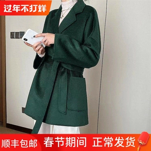 高端水波纹双面羊毛大衣女中长款2025新款韩版西装领系带毛呢外套