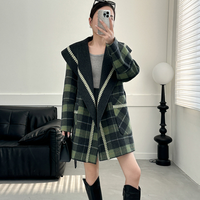 格子双面羊毛大衣中长款两面穿