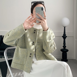 2025秋冬新款小香风圆领双面羊绒大衣短款时尚洋气宽松羊毛呢外套