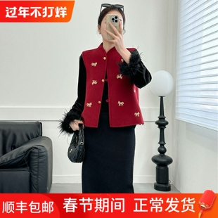 新中式红色小马刺绣双面羊毛马甲女短款2026新款国风毛呢短款外套