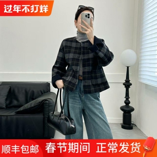 高端格子双面羊毛大衣女短款2025新款圆领小香风两面穿羊毛呢外套