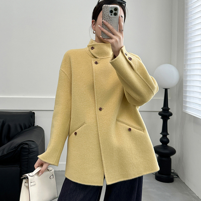 高级感黄色双面羊绒大衣女中长款