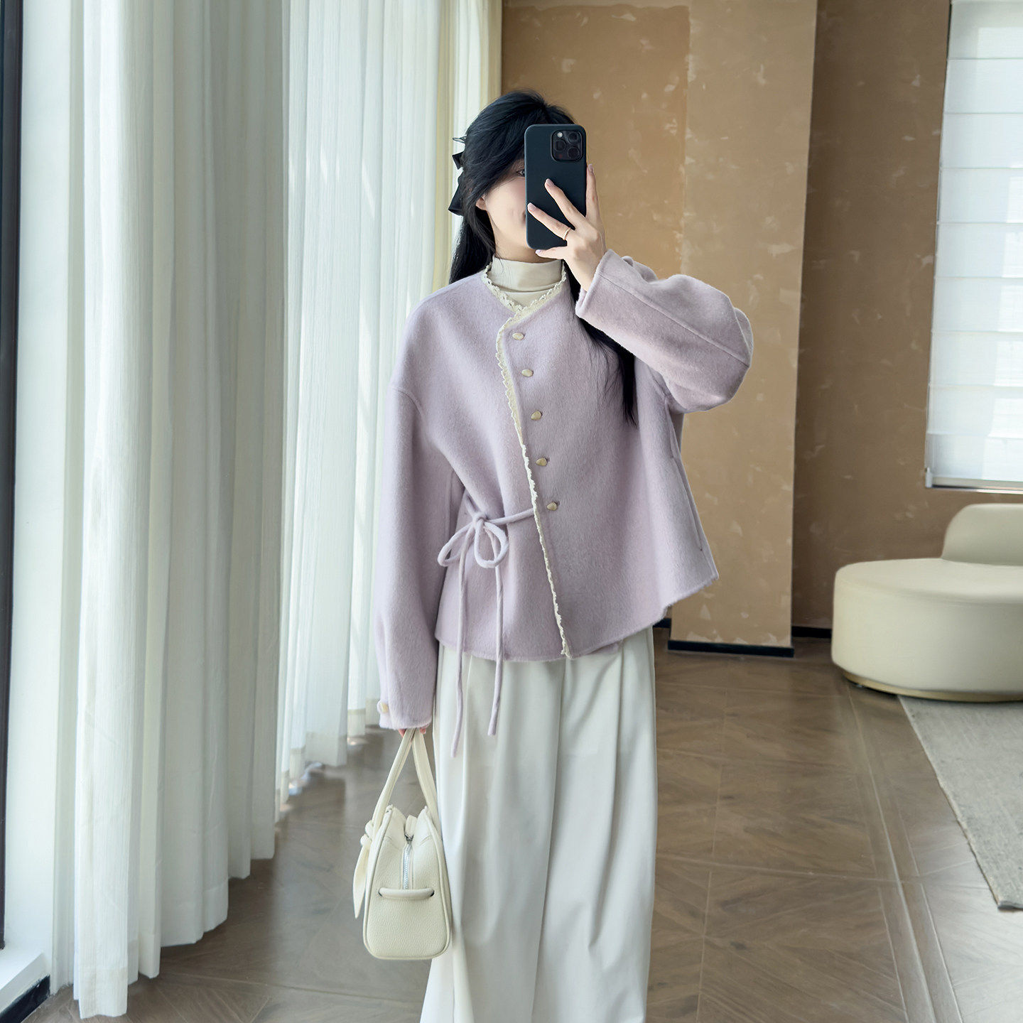 小香风双面羊毛大衣女短款2025新款蕾丝花边单排扣减龄毛呢外套