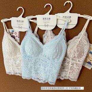 新款 蕾丝温柔轻薄吊带半固定胸垫收腰美背无痕女内衣 春夏V领法式