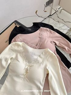 新款 上衣固定可外穿暖宫贴片保暖内衣 秋冬V领蕾丝边蚕丝磨毛长袖