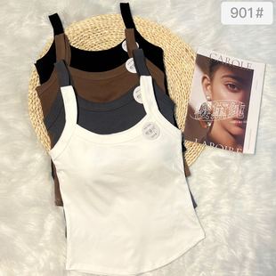 新款 吊带背心固定一体杯大U美背纯色简约外穿内衣 早春纯棉长款