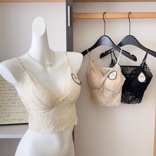 新款 蕾丝美背字母吊带固定乳胶三角杯透气镂空女内衣 春夏v领法式