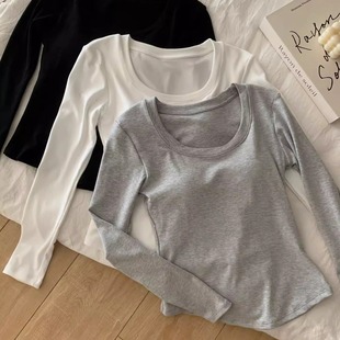 免穿文胸修身 上衣固定杯打底衫 保暖内衣 秋冬正肩圆领磨毛长袖 新款