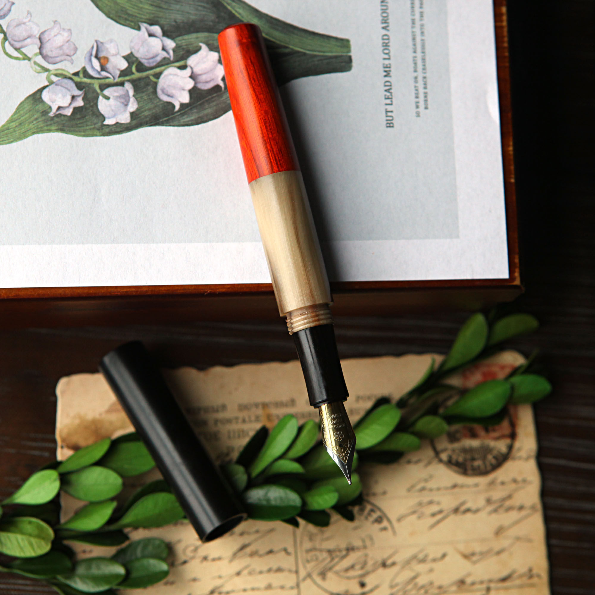 【七十二号笔家】镶嵌花牛角创意经典钢笔手作定制中国风签字笔