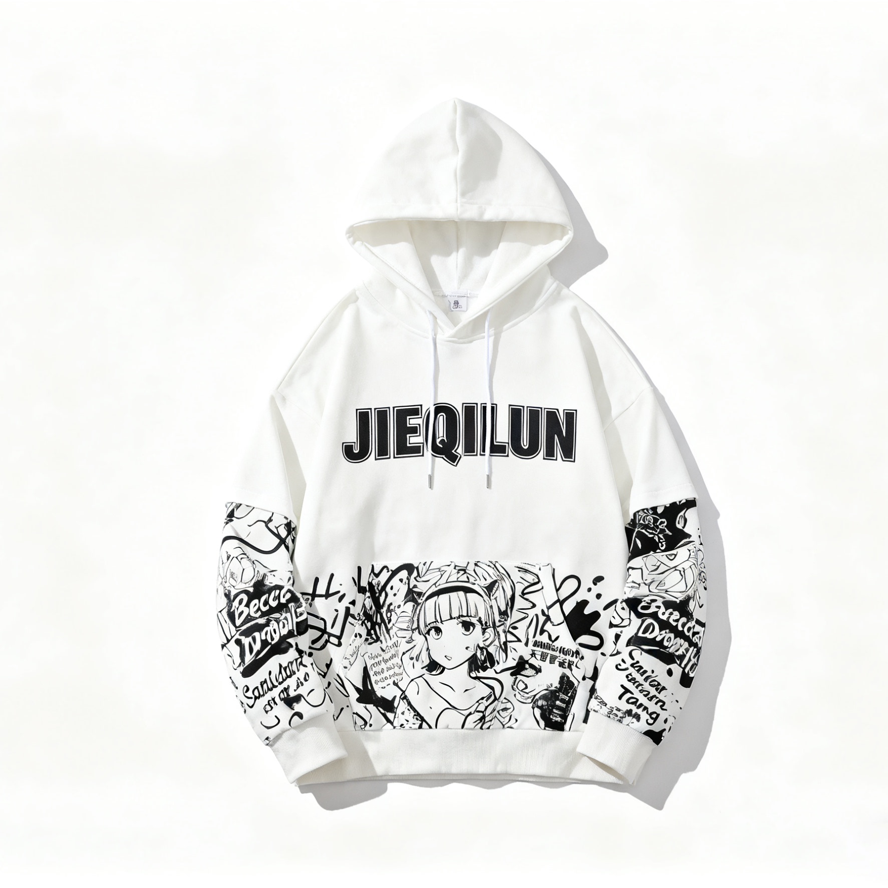 JIEQILUN大logo印花图案宽松青少年潮流连帽运动卫衣涂鸦