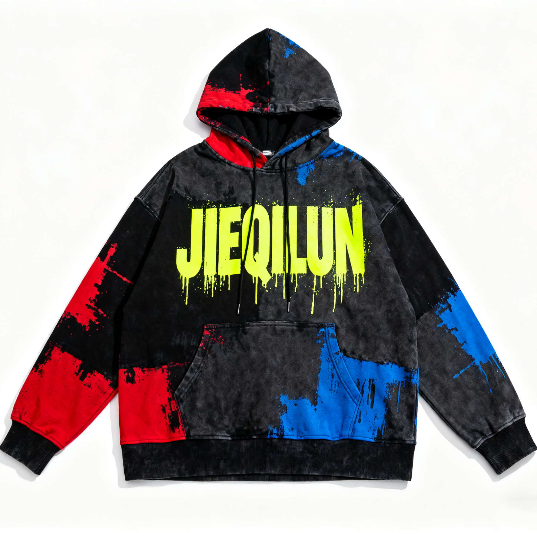 JIEQILUN拼接色块扎染涂鸦大logo印花图案耐磨青少年潮流连帽卫衣