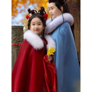 2026女童汉服冬季古装拜年披风儿童中国风男孩过年外套加厚大毛领