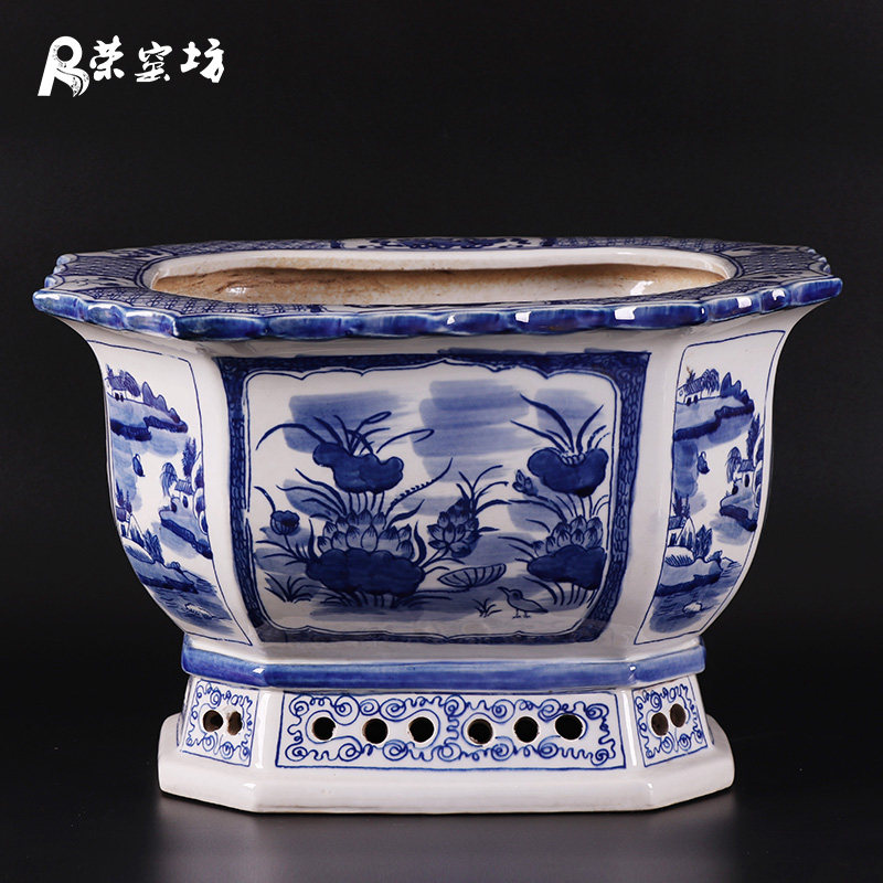 高档仿古手绘青花花盆 景德镇高温陶瓷花盆青花瓷树盆带孔落地盆