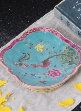 景德镇复古仿清绿地粉彩陶瓷果盘中式博古架装饰家居摆件工艺品