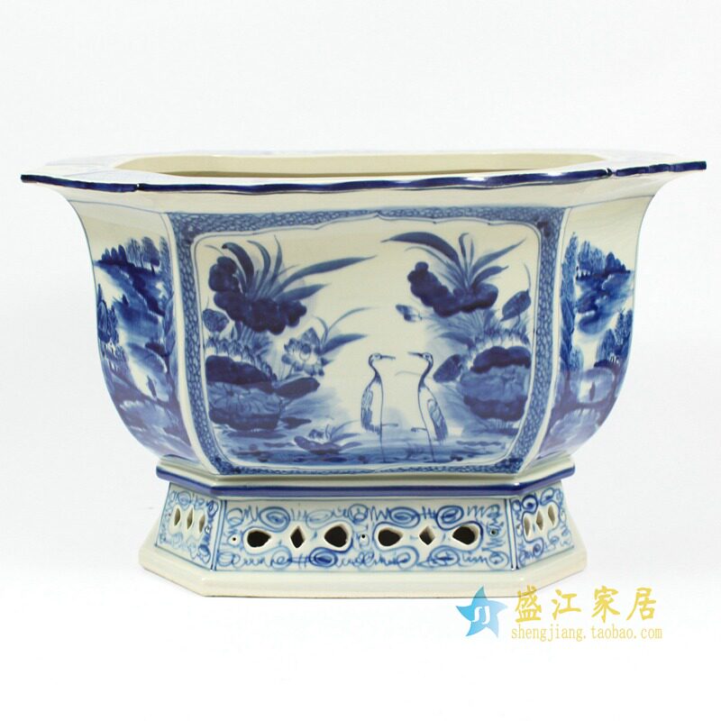 景德镇陶瓷 花盆 仿古手绘青花 花器 养花器皿 种植多肉 养鱼高档