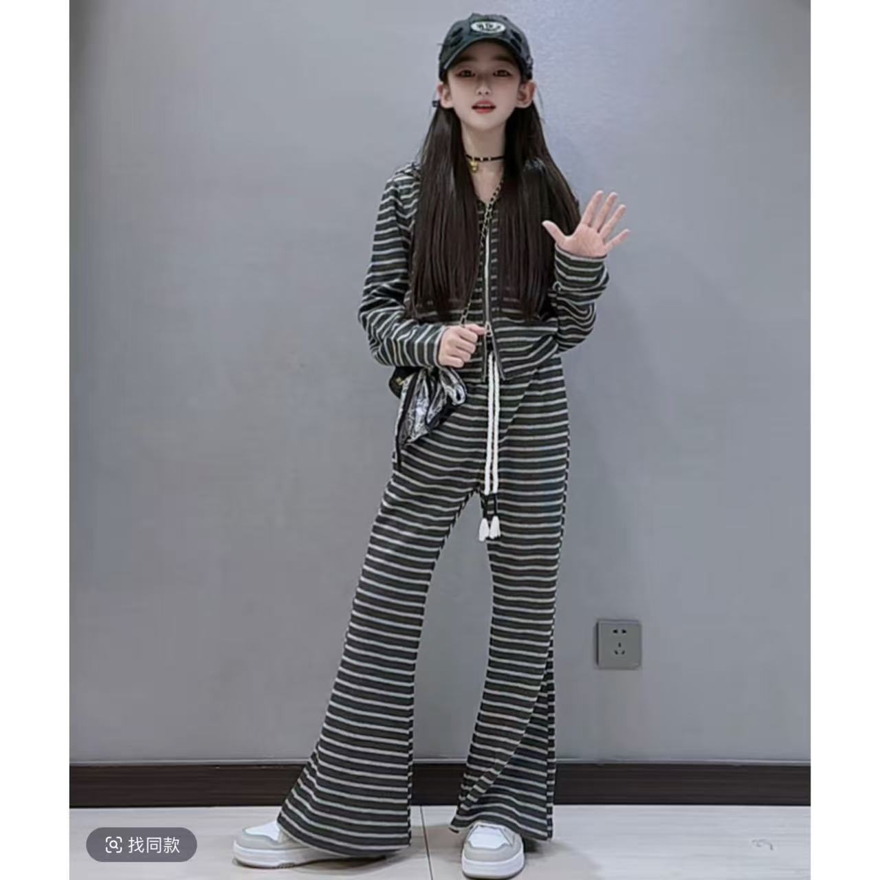 法国女童2025春秋新款韩版设计感小众复古条纹休闲阔腿裤套装两件