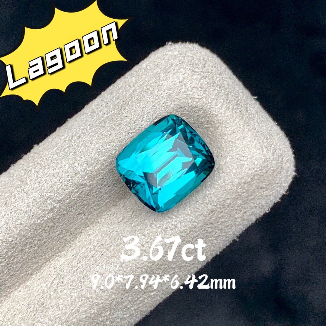 3.67ct天然Lagoon碧玺蓝绿色碧玺垫形戒面裸石枕形宝石珠宝定制