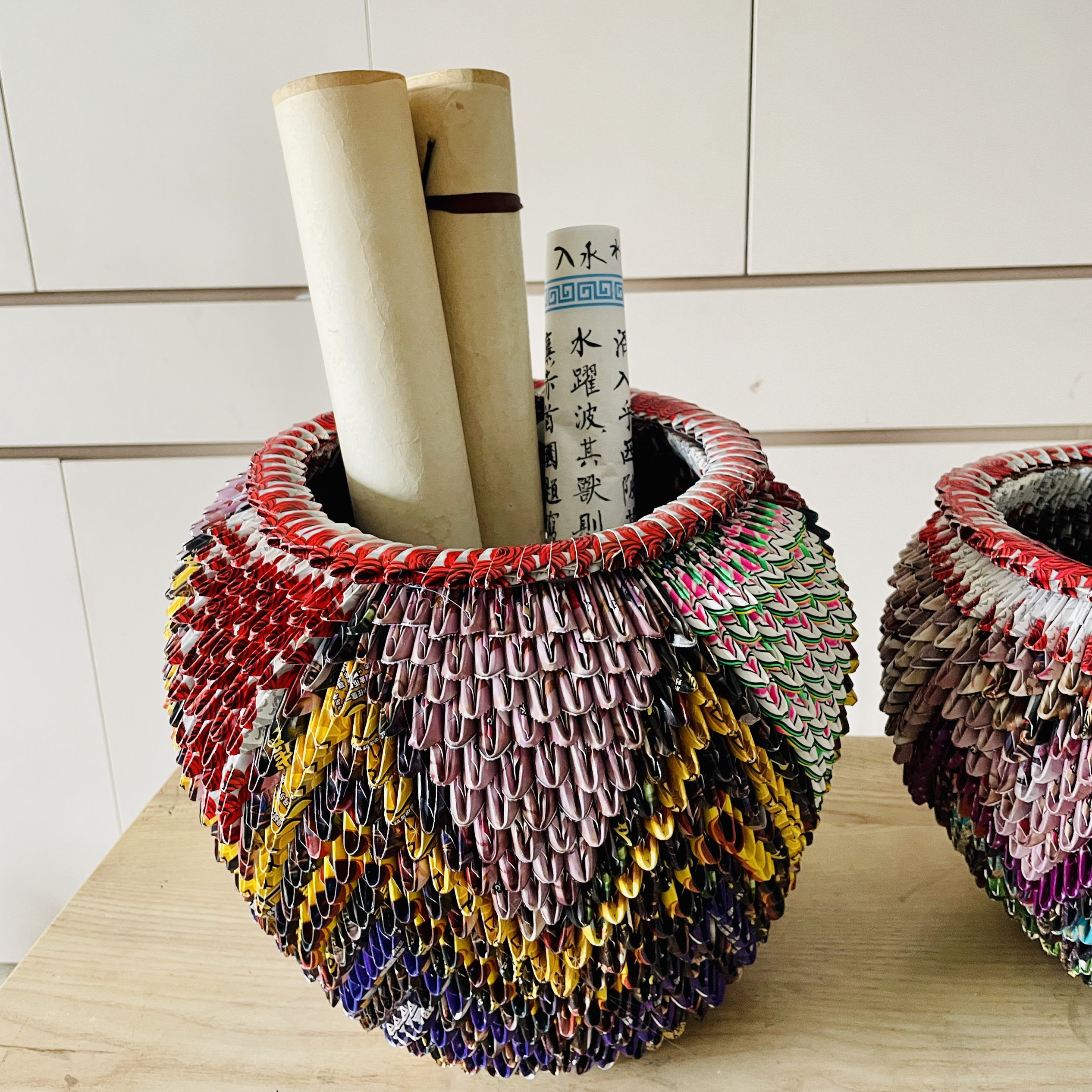 手工花瓶收纳缸箭筒书画缸字画筒三角插折纸收纳瓮工艺品实用摆件