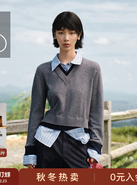 AS简约毛衣女25冬季新款假两件拼接V领设计内搭条纹休闲百搭上衣