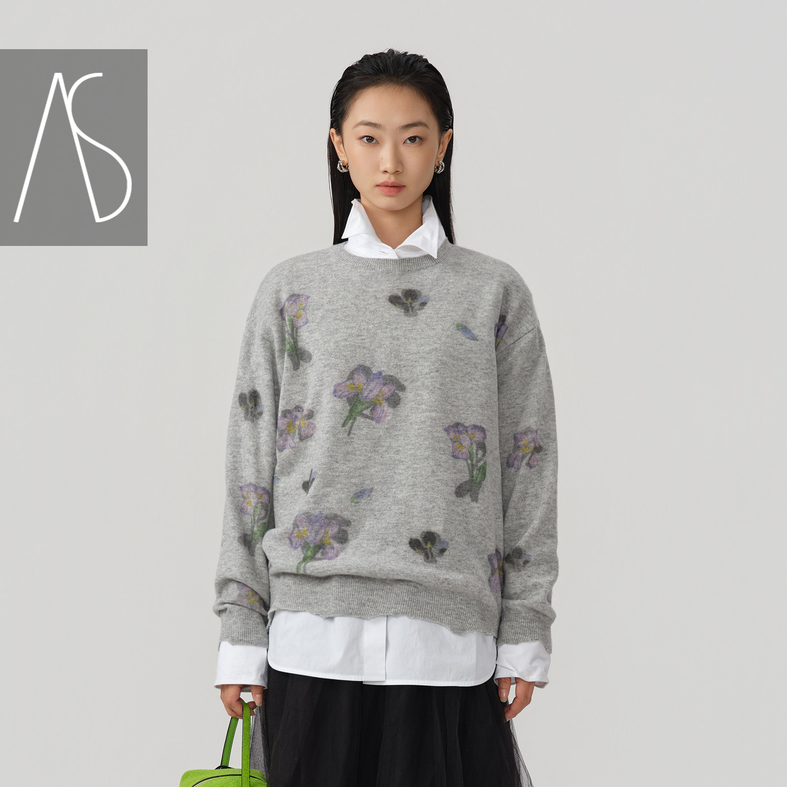 AS圆领毛衣女26春季新款鸢尾花图案绵羊毛细腻软糯保暖针织上衣,女装/女士精品,毛衣,淘宝优惠券,粉丝福利购,淘宝优惠卷