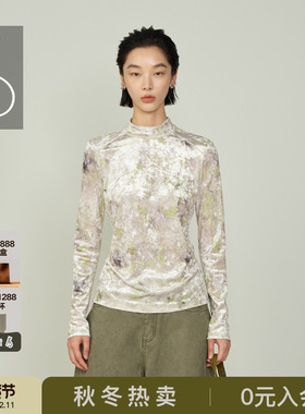 AS打底衫女25冬季新款立领复古油画感丝绒晕染修身显瘦长袖T恤