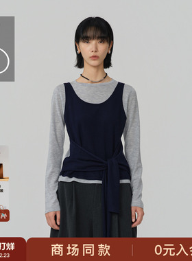 AS圆领毛衣女26春季新款假两件设计长袖叠搭不规则下摆个性上衣