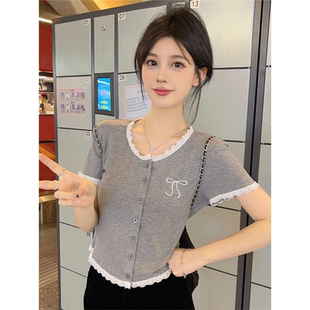 法式 小众遮肉显瘦减龄小上衣 甜美蕾丝花边短袖 t恤女夏季