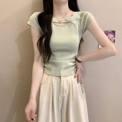 薄荷绿蝴蝶结短袖上衣女夏
