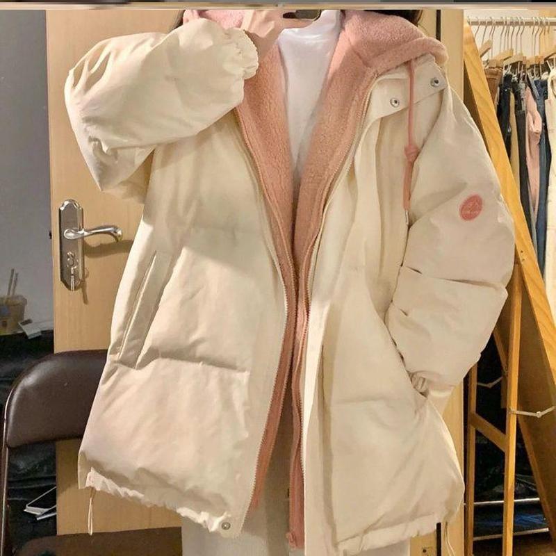 2024假两件羽绒棉服新款冬季连帽宽松加厚学生棉袄韩版棉衣外套女