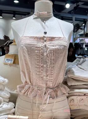 brandy baby美式粉色蕾丝边系带吊带背心纯棉外穿收腰bm甜美上衣