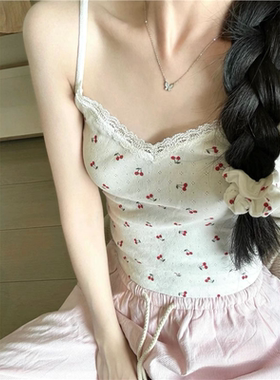 Brandy baby 樱桃小吊带女夏v领蕾丝边蝴蝶结背心打底上衣外穿女