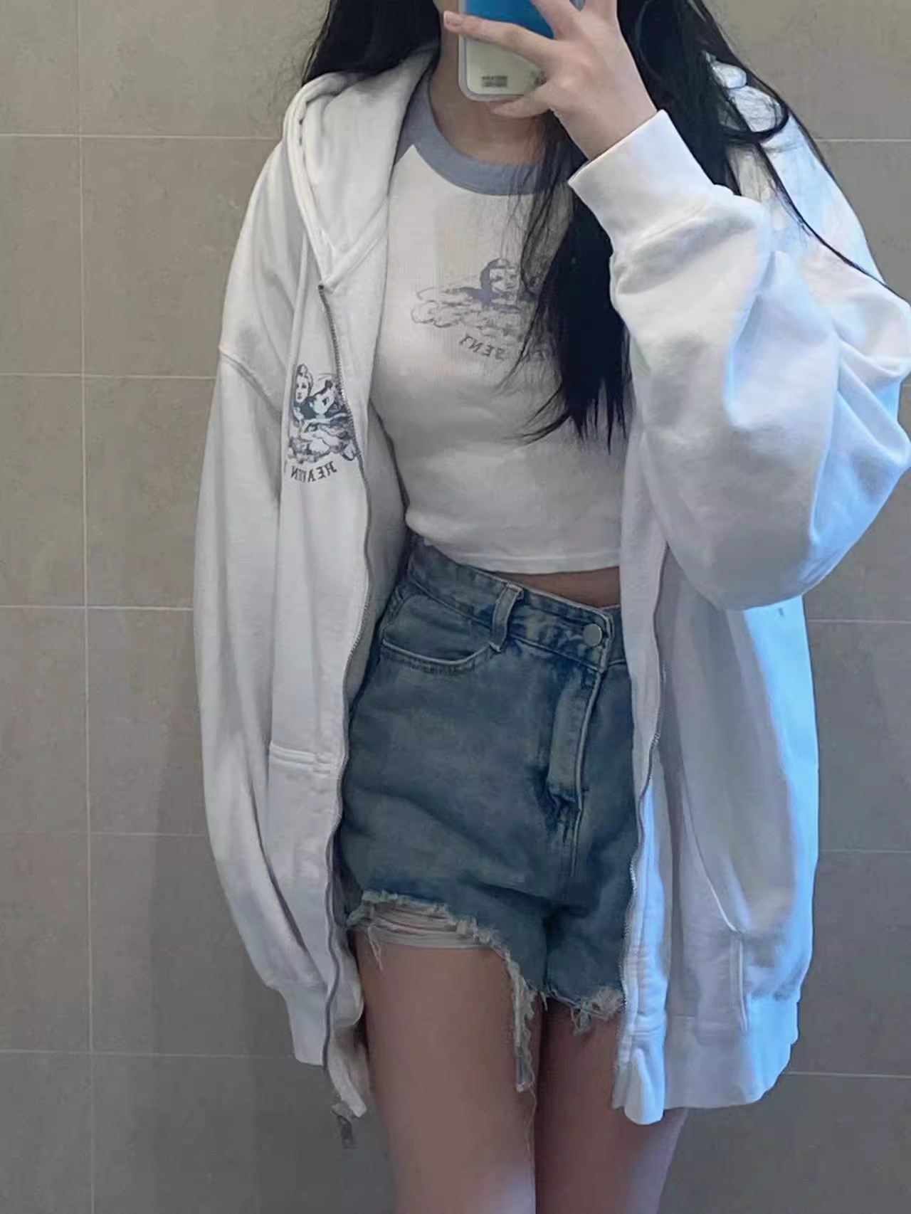 天使印花宽松连帽卫衣拉链