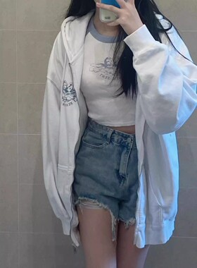 Brandy baby徐璐同款美式复古天使印花宽松连帽卫衣拉链上衣女秋