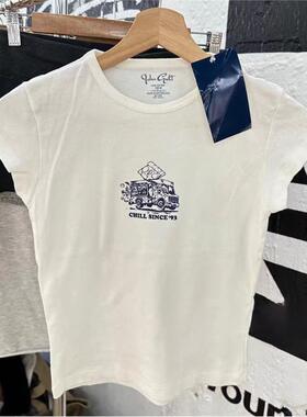 brandy baby新款白色汽车巴士印花纯棉短袖T恤女夏季bm简约上衣