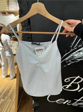 Brandy baby 蓝色波点花边V领小吊带背心女修身内搭外穿上衣新