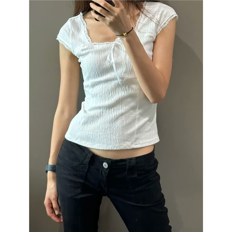 brandy baby多巴胺纯欲风绝美方领丝带系带褶皱白色短袖t恤女上衣