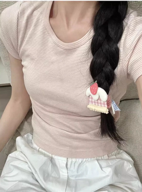 Brandy baby 粉色条纹纯棉短袖T恤女甜美圆领修身显瘦减龄上衣女