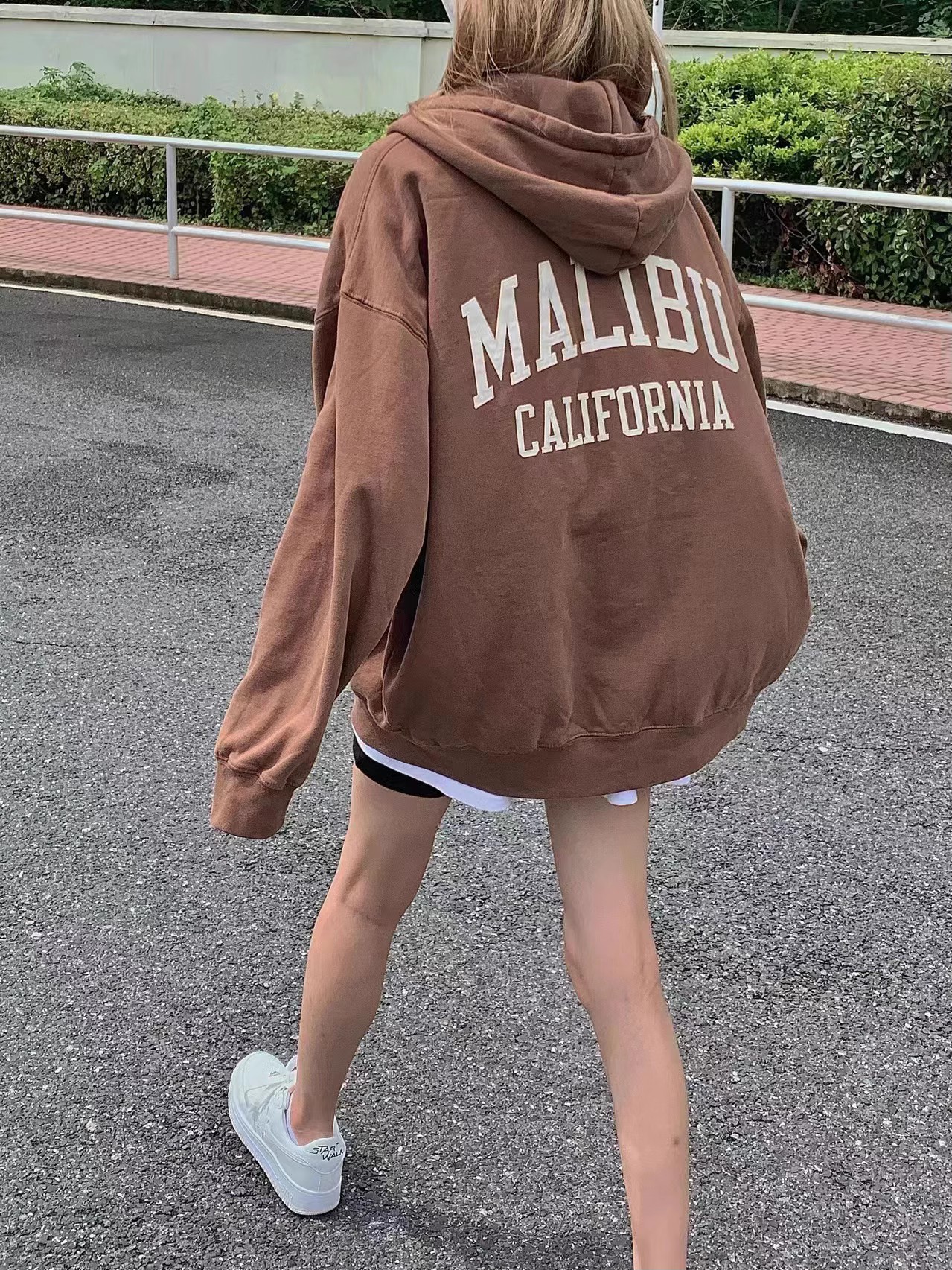 美式复古Malibu拉链连帽宽松卫衣