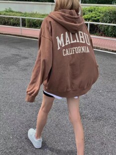 Brandy baby同款美式复古Malibu字母拉链连帽宽松卫衣长袖上衣女