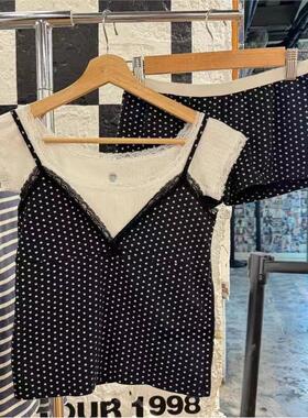 brandy baby纯欲风爱心印花蕾丝花边V领吊带背心女内搭bm外穿上衣