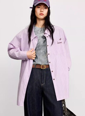 麦家商场同款2026春季新款粉紫条纹刺绣衬衫女宽松上衣4H2220271