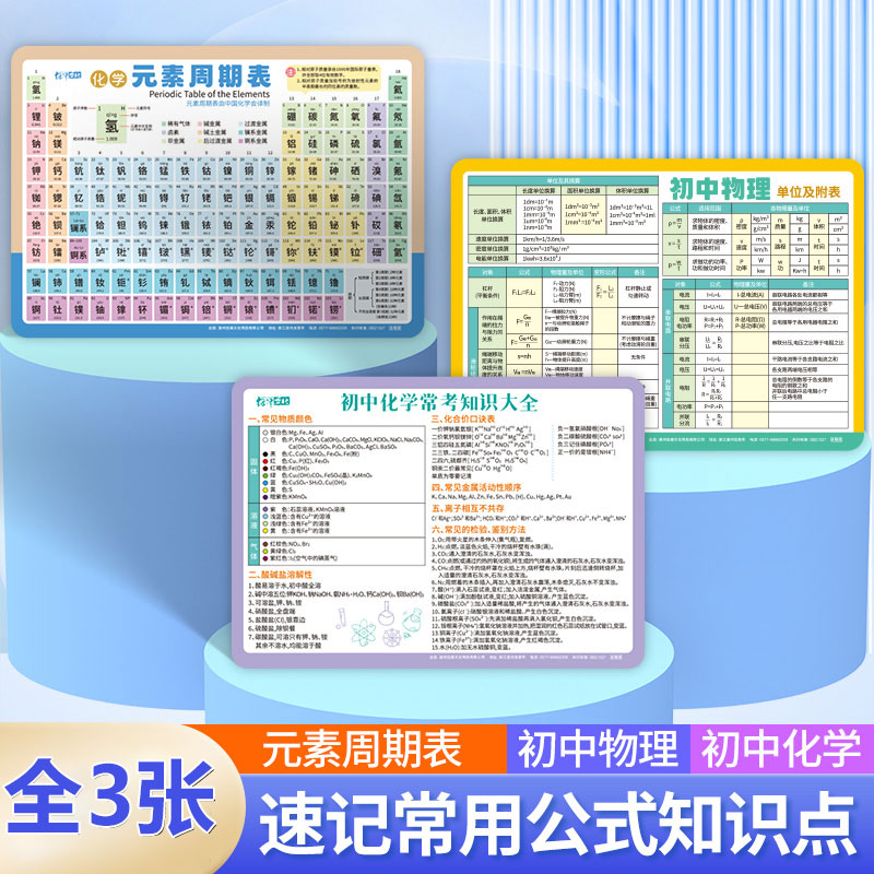 初中化学元素周期表实物卡片知识点挂图双面物理公式方程式大全